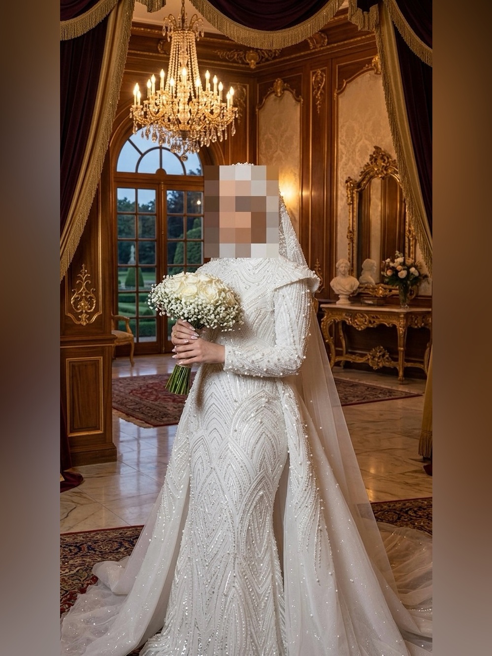 Unk Ivory Beaded Modest Long Sleeve Wedding Dress with Veil